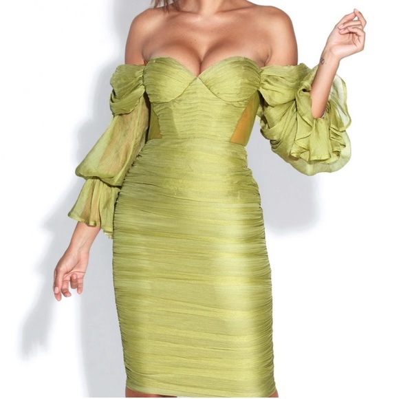 Sirene Olive Silk Pleated Off Shoulder Balloon Sleeves Dress - Picture 3 of 6
